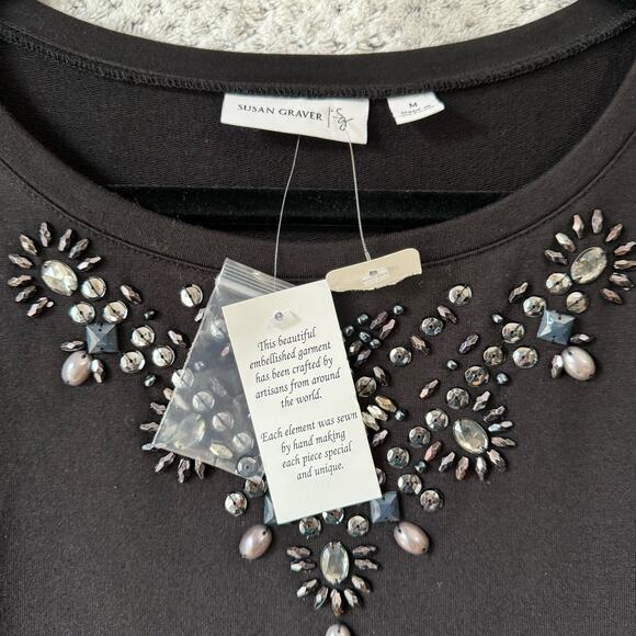 Susan Graver Top Women M Black Gray Embellished Boat Neck Long Sleeves NEW - Picture 3 of 10